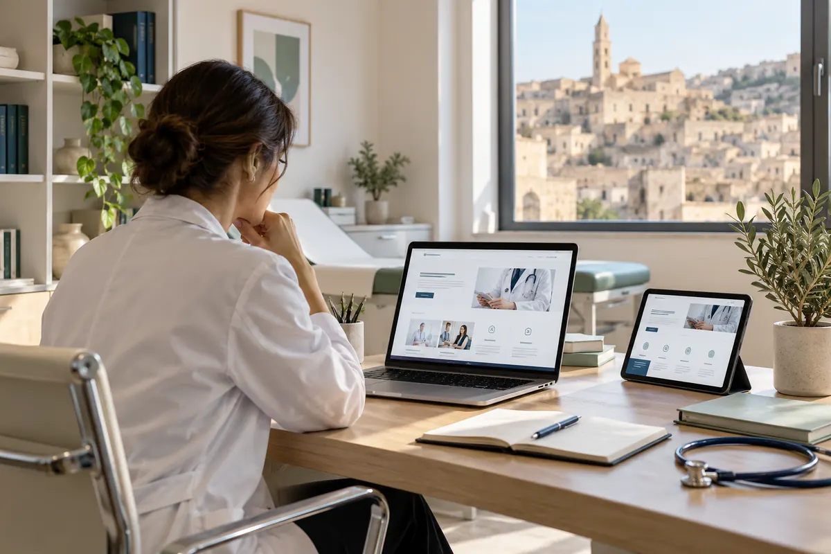 Scena illustrativa di progettazione digitale sanitaria con un richiamo al territorio di Basilicata