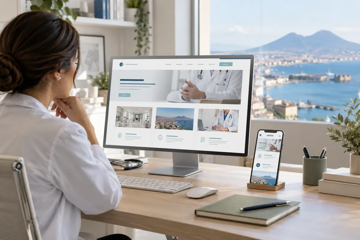 Scena illustrativa di progettazione digitale sanitaria con un richiamo al territorio di Campania