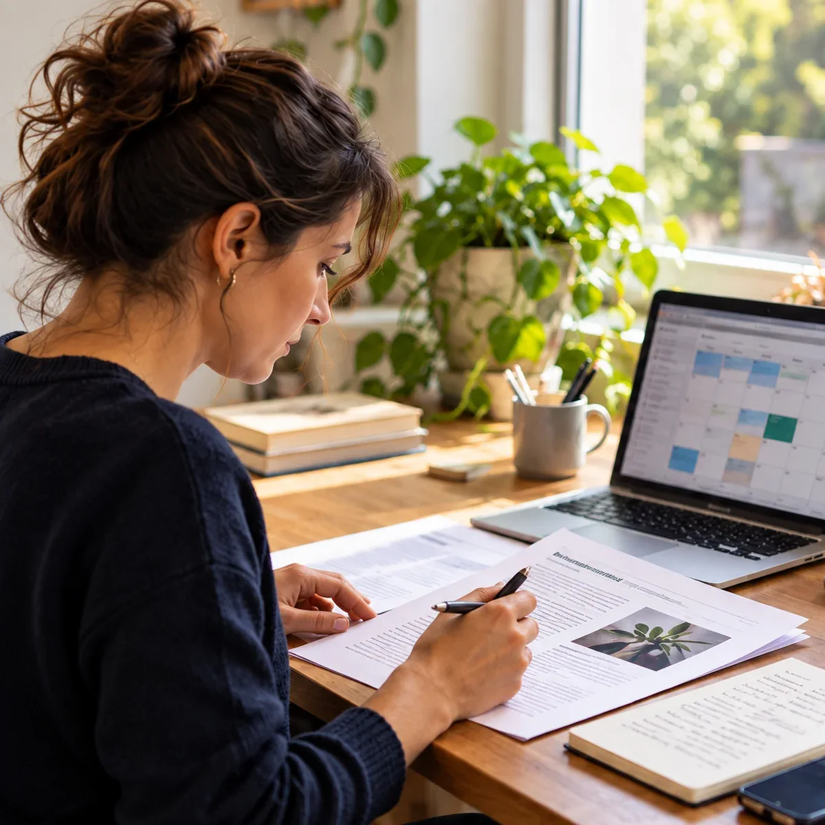 Professionista prepara contenuti accanto a un calendario editoriale sul computer.