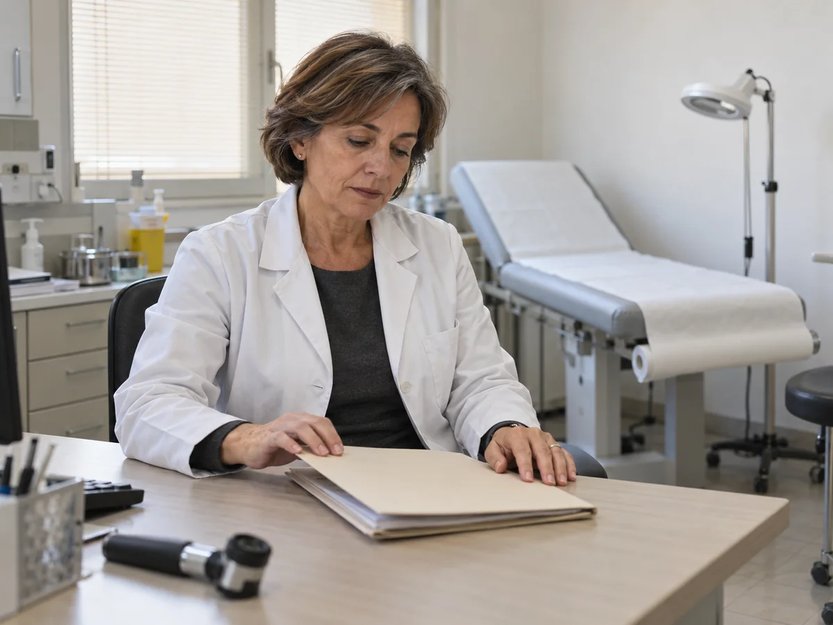 Dermatologa che riordina una cartella nell’ambulatorio, con lettino per le visite sullo sfondo