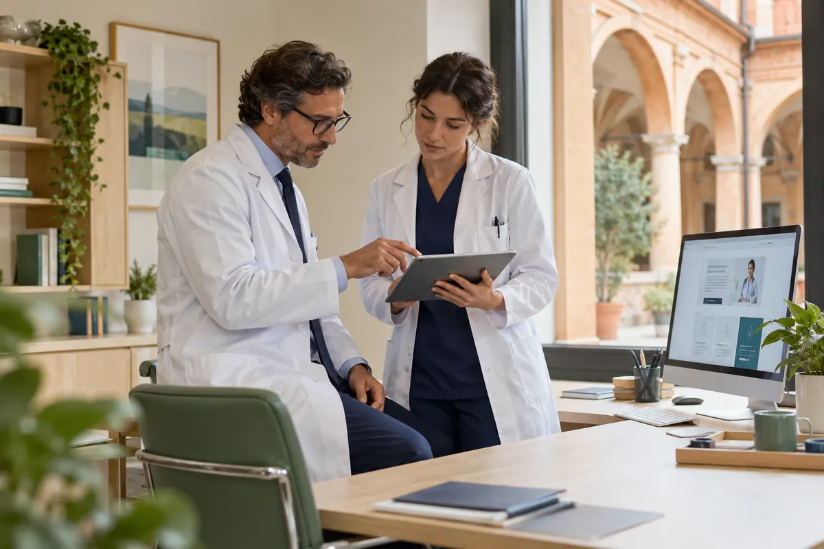 Scena illustrativa di progettazione digitale sanitaria con un richiamo al territorio di Emilia-Romagna