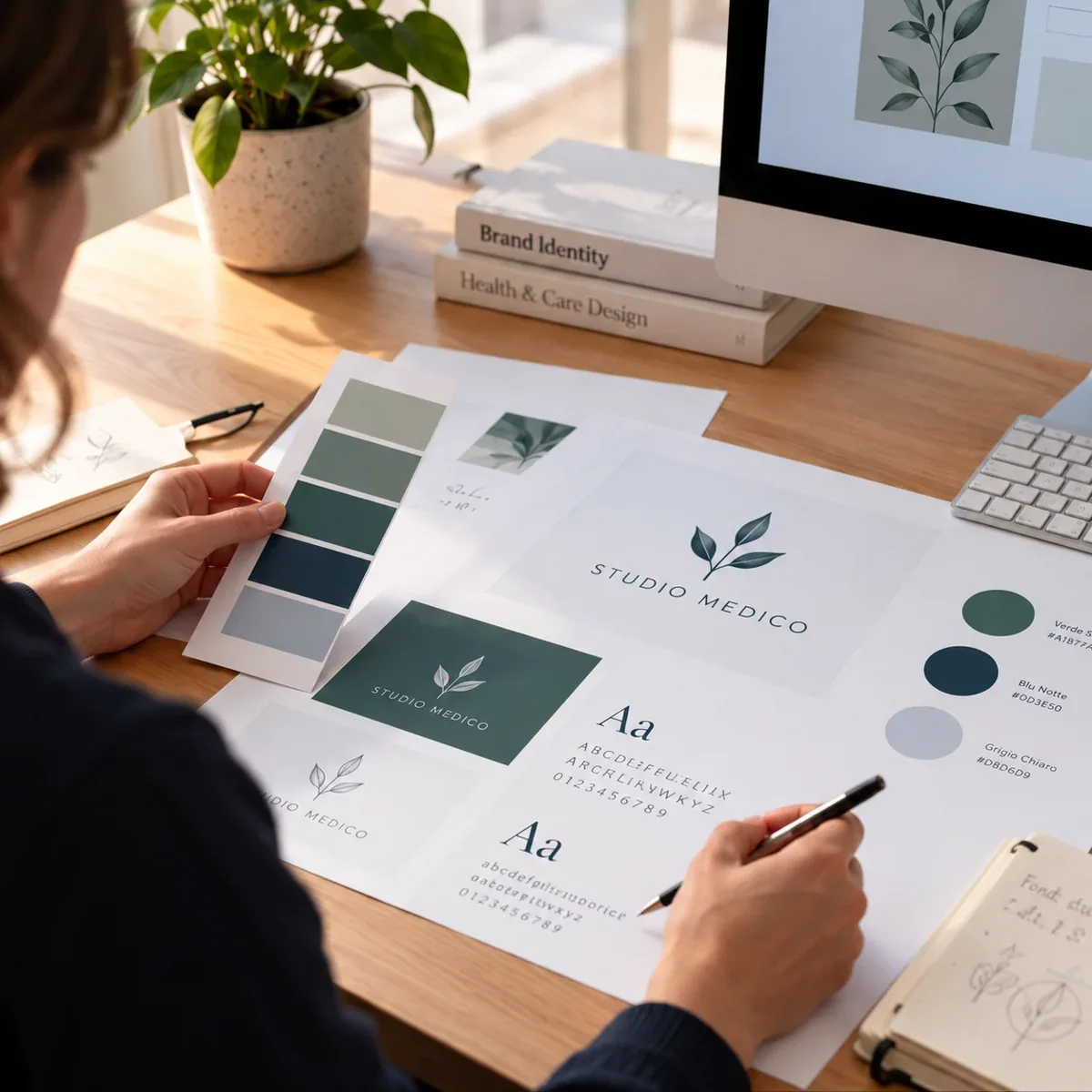 Progettazione dell’identità di uno studio medico, con palette, logo e materiali coordinati.