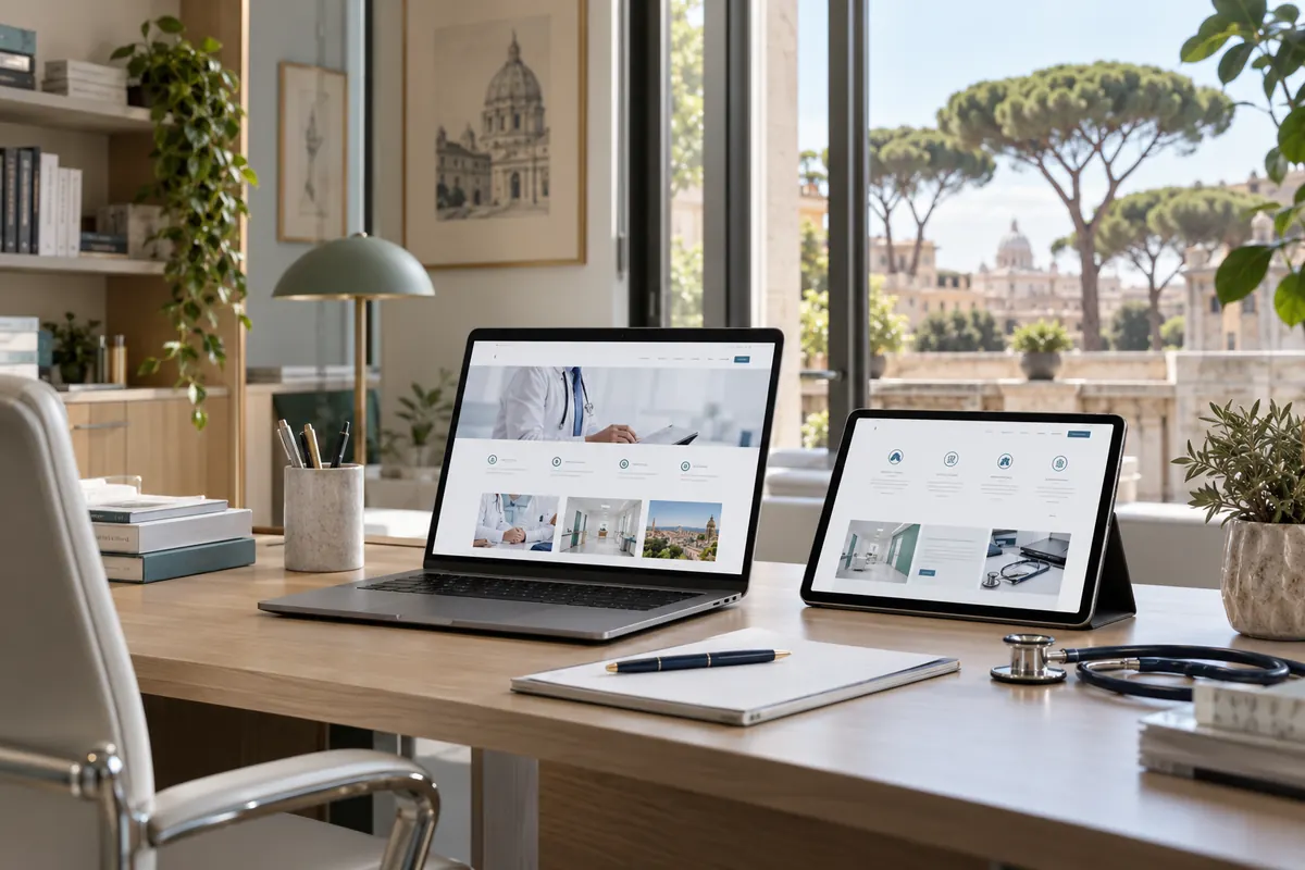 Scena illustrativa di progettazione digitale sanitaria con un richiamo al territorio di Lazio