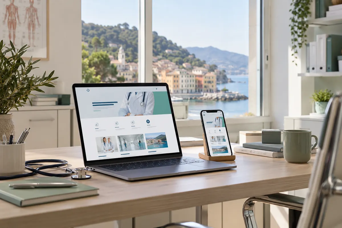 Scena illustrativa di progettazione digitale sanitaria con un richiamo al territorio di Liguria