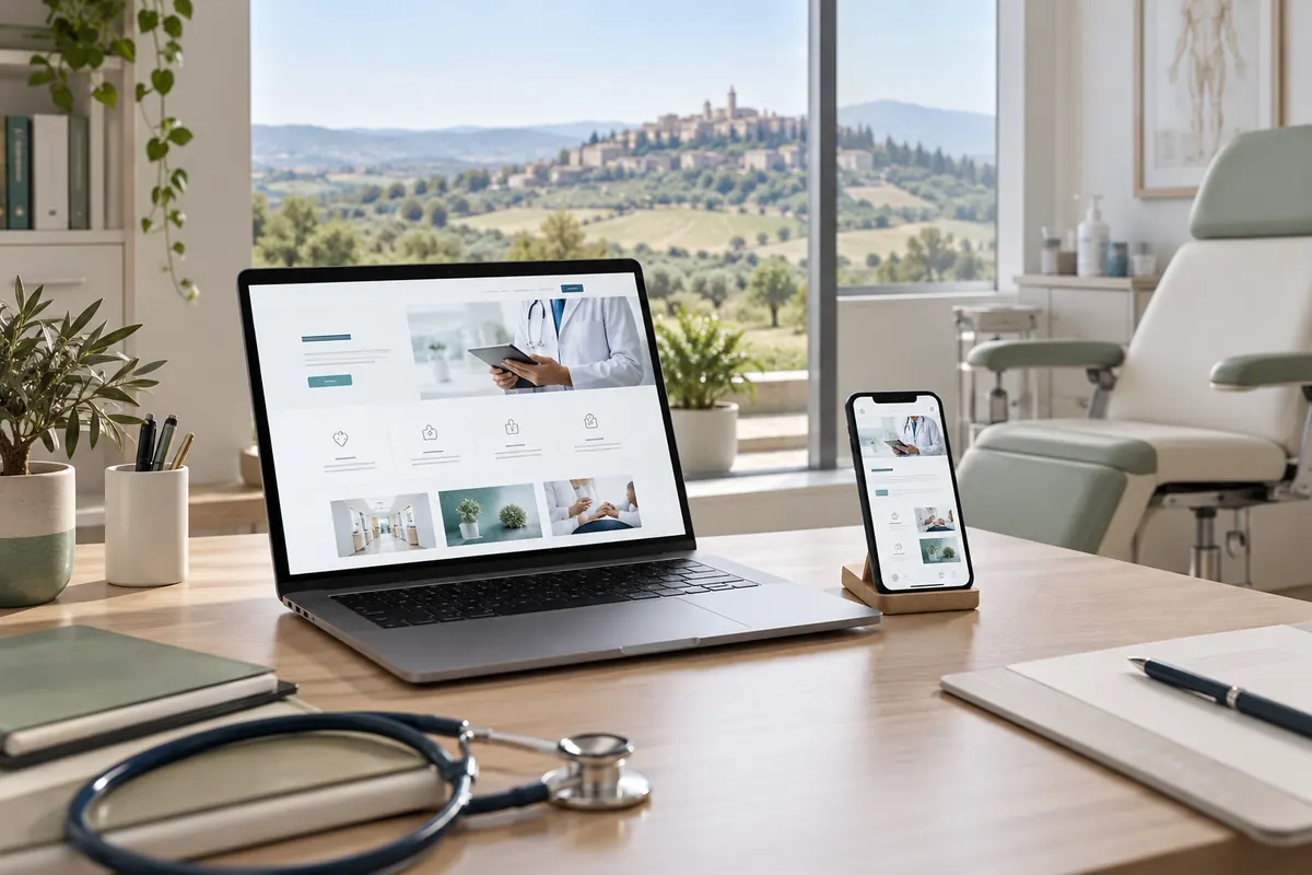 Scena illustrativa di progettazione digitale sanitaria con un richiamo al territorio di Marche