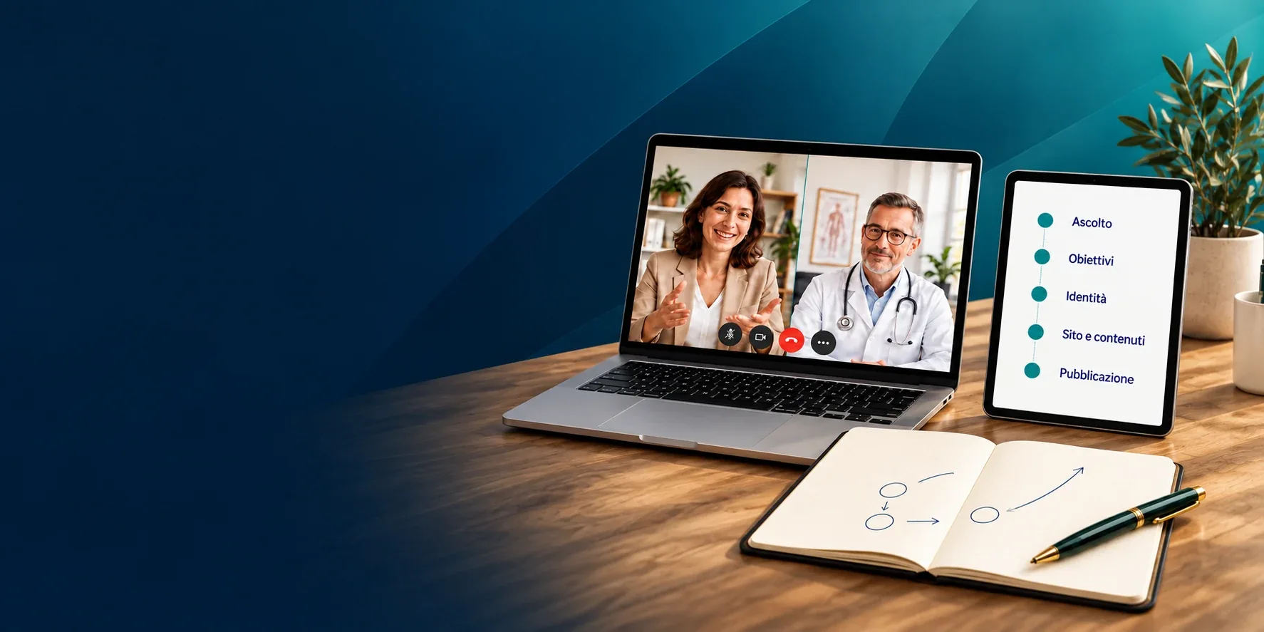 Rappresentazione di una videocall per confrontarsi a distanza su un progetto digitale sanitario
