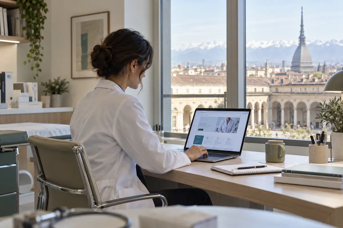 Scena illustrativa di progettazione digitale sanitaria con un richiamo al territorio di Piemonte