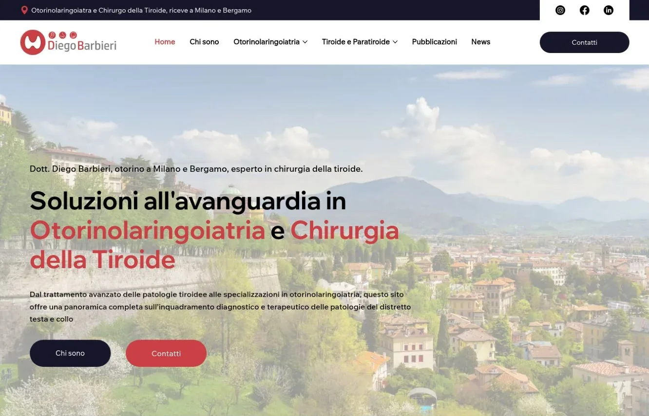 Schermata del sito del Dott. Diego Barbieri con le aree di otorinolaringoiatria e chirurgia della tiroide