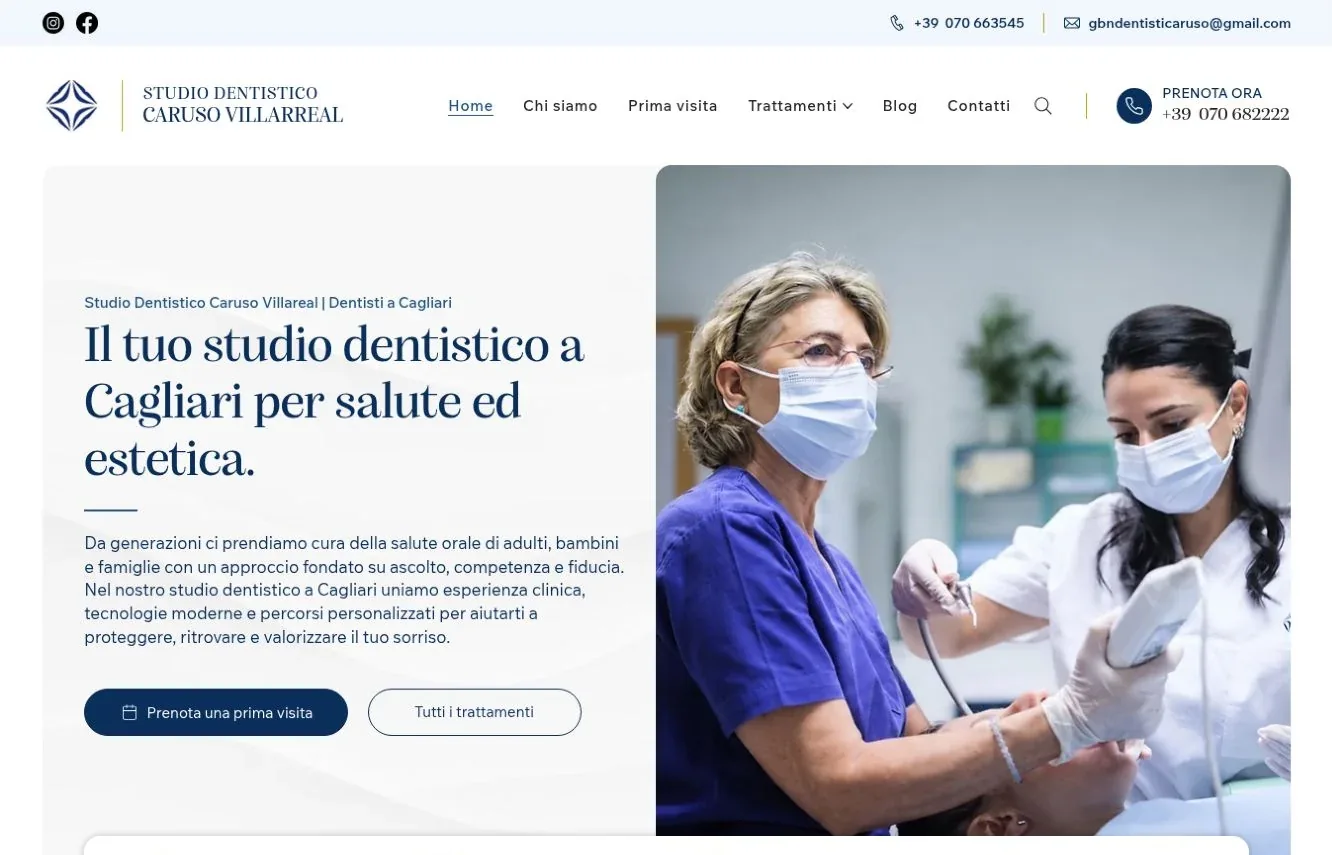 Schermata del sito dello Studio Dentistico Caruso con presentazione dello studio e foto dell’attività clinica
