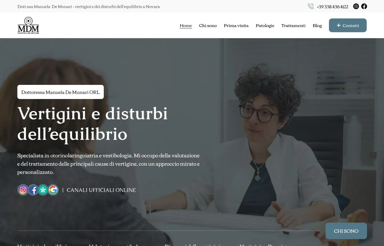 Schermata del sito della Dott.ssa Manuela De Munari, dedicato a vertigini e disturbi dell’equilibrio