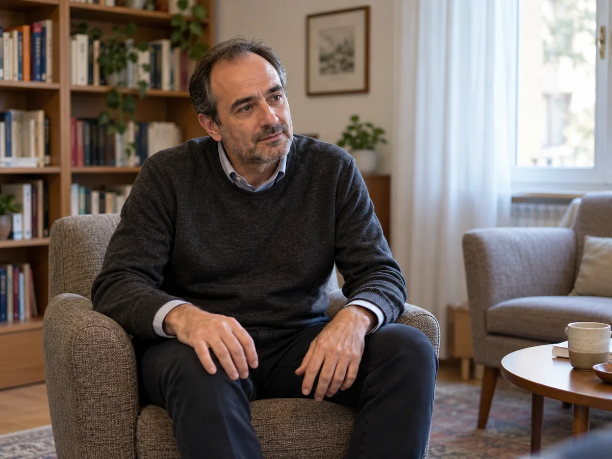 Psicologo seduto in poltrona nel proprio studio durante un momento di ascolto