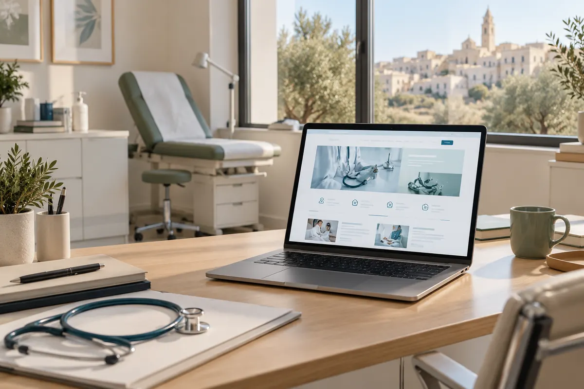 Scena illustrativa di progettazione digitale sanitaria con un richiamo al territorio di Puglia