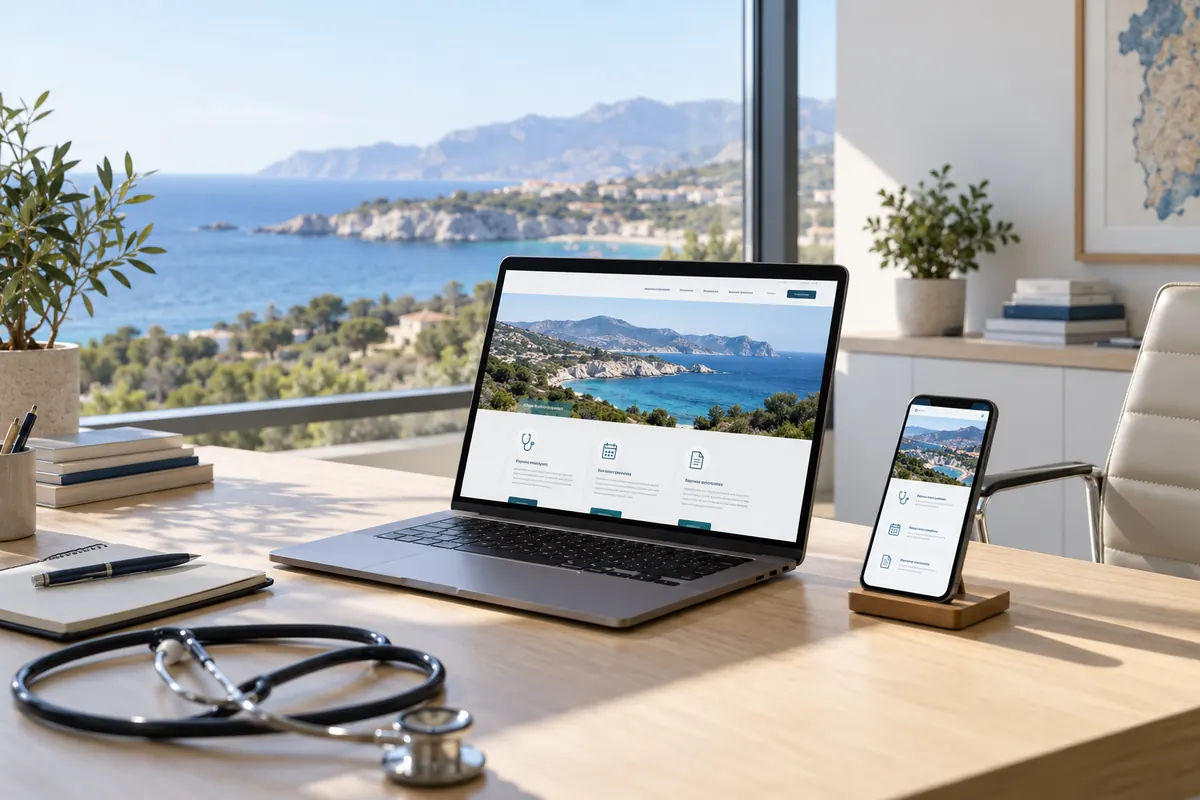 Scena illustrativa di progettazione digitale sanitaria con un richiamo al territorio di Sardegna