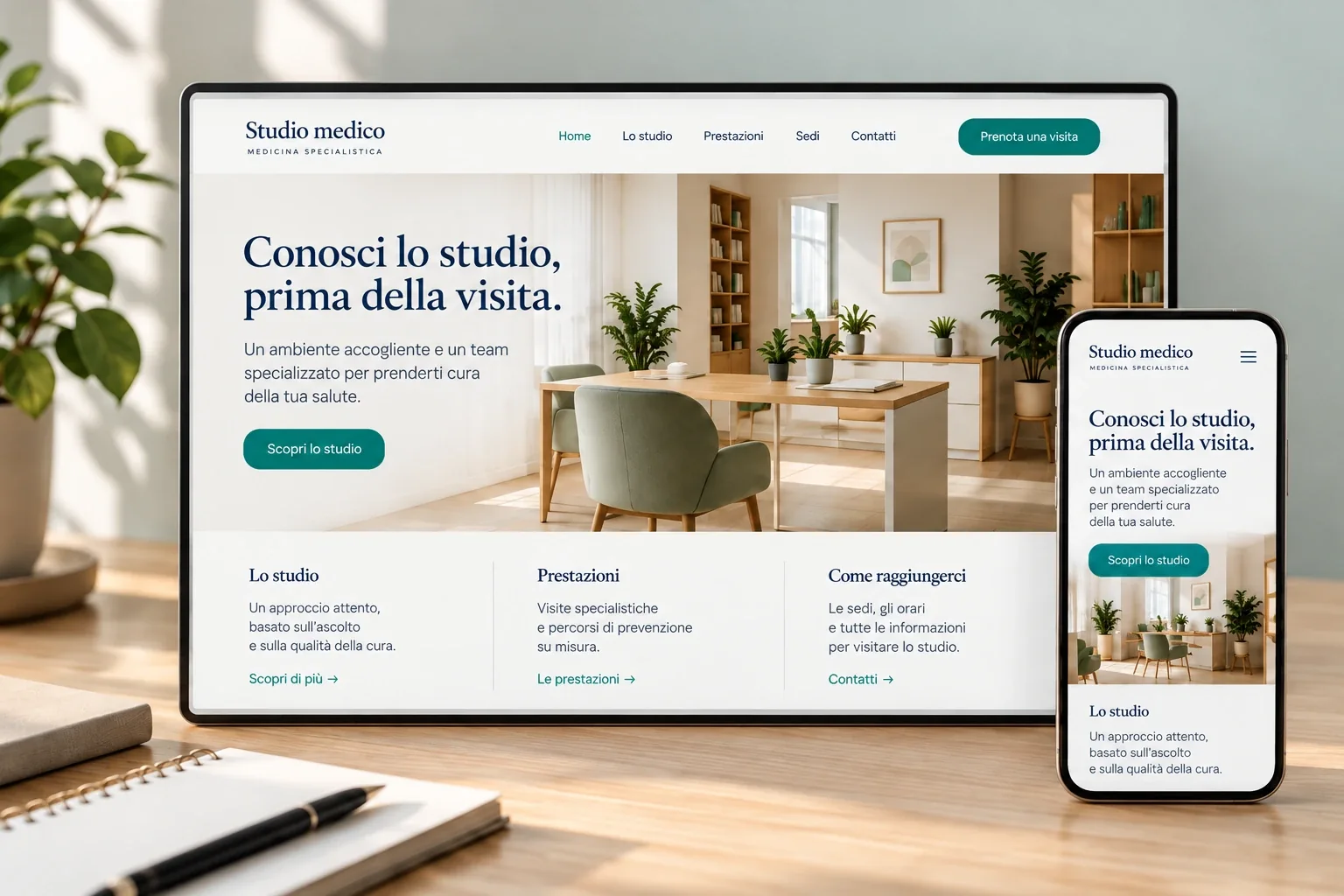 Esempio di sito per uno studio medico, presentato nelle versioni desktop e smartphone.