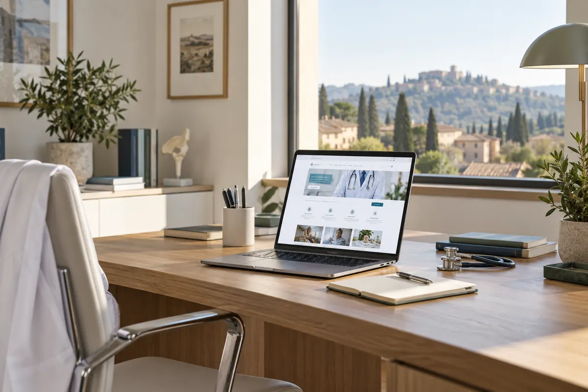 Scena illustrativa di progettazione digitale sanitaria con un richiamo al territorio di Toscana