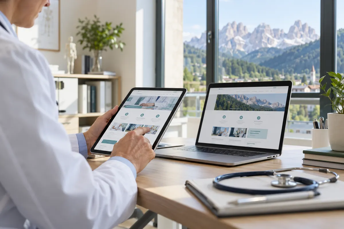 Scena illustrativa di progettazione digitale sanitaria con un richiamo al territorio di Trentino-Alto Adige