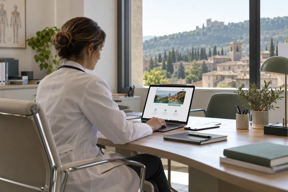 Scena illustrativa di progettazione digitale sanitaria con un richiamo al territorio di Umbria
