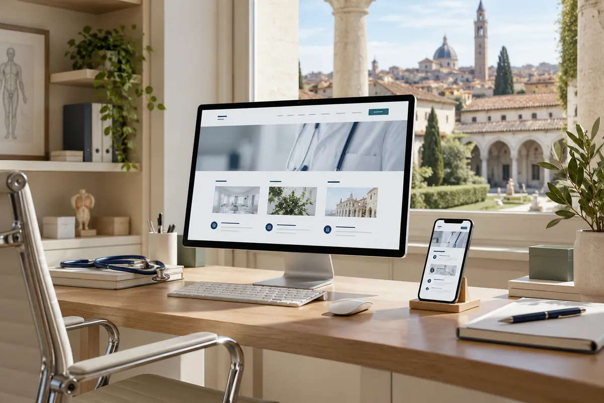 Scena illustrativa di progettazione digitale sanitaria con un richiamo al territorio di Veneto